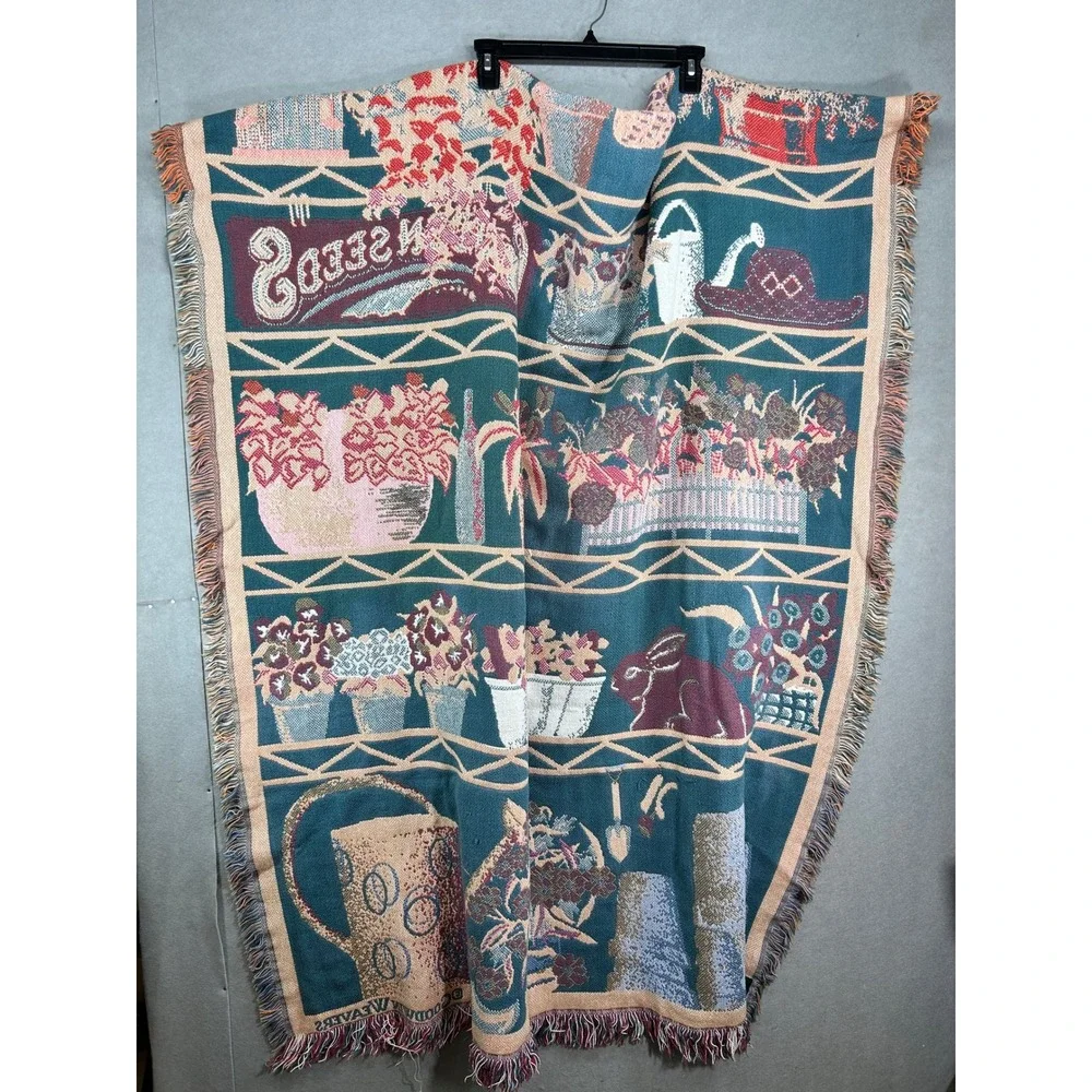 Vintage Goodwin Weavers Garden Tapestry Throw Blanket Cotton Fringed USA Made